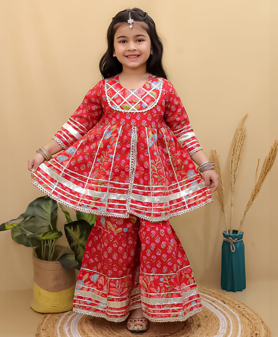 Superminis Cotton Woven Floral Printed Front Slit Three Fourth Sleeves Kurti Gharara Set - Red-picture-29