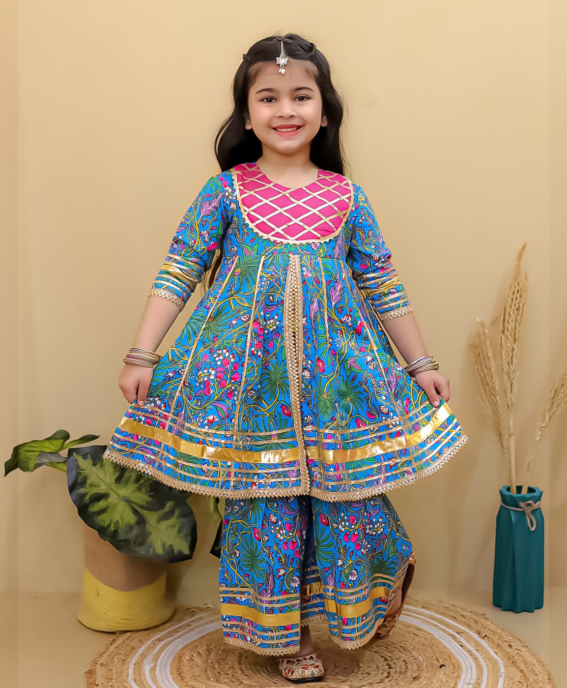 Superminis Cotton Woven Floral Printed Gotta Work Embelished Three Fourth Sleeves Kurti Sharara Set - Blue-picture-44