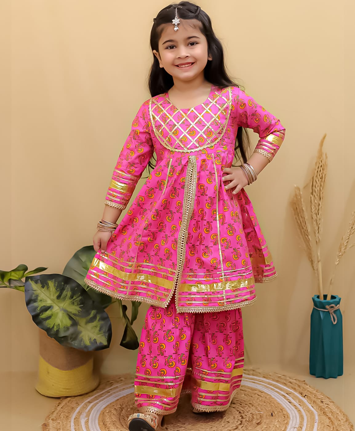 Superminis Cotton Woven Floral Printed Gotta Work Embelished Three Fourth Sleeves Kurti Sharara Set - Magenta-picture-1