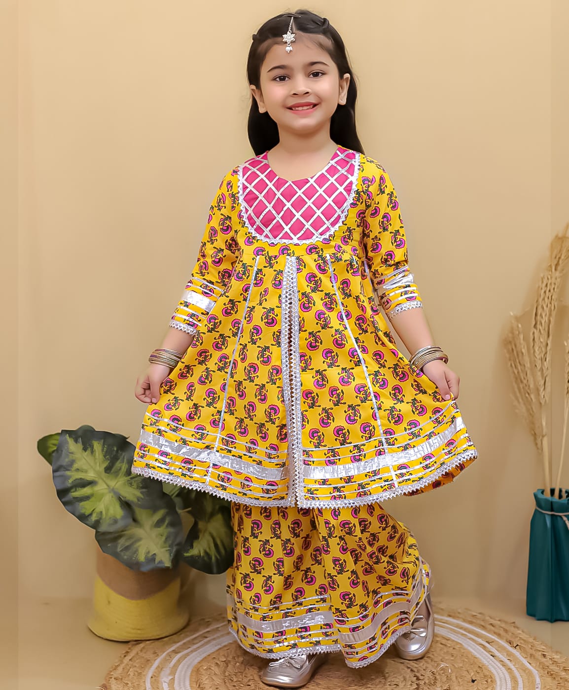Superminis Cotton Woven Floral Printed Gotta Work Embelished Three Fourth Sleeves Kurti Sharara Set - Yellow-picture-47