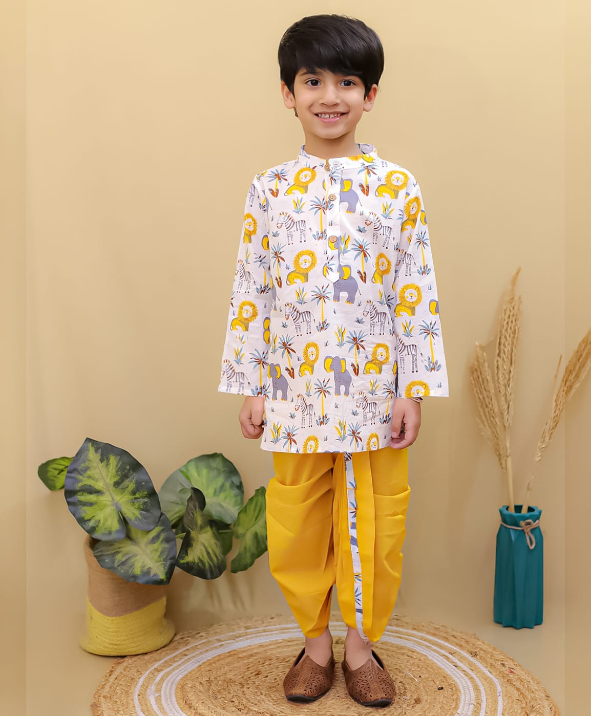 Superminis Cotton Woven Full Sleeves Animal Print Front Open Dhoti Kurta Set - Yellow & White-picture-31