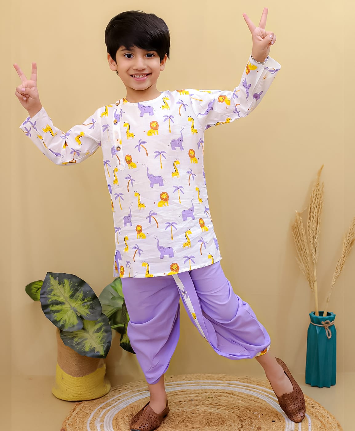 Superminis Cotton Woven Full Sleeves Animal Print Side Open Dhoti Kurta Set - Purple & White-image-44