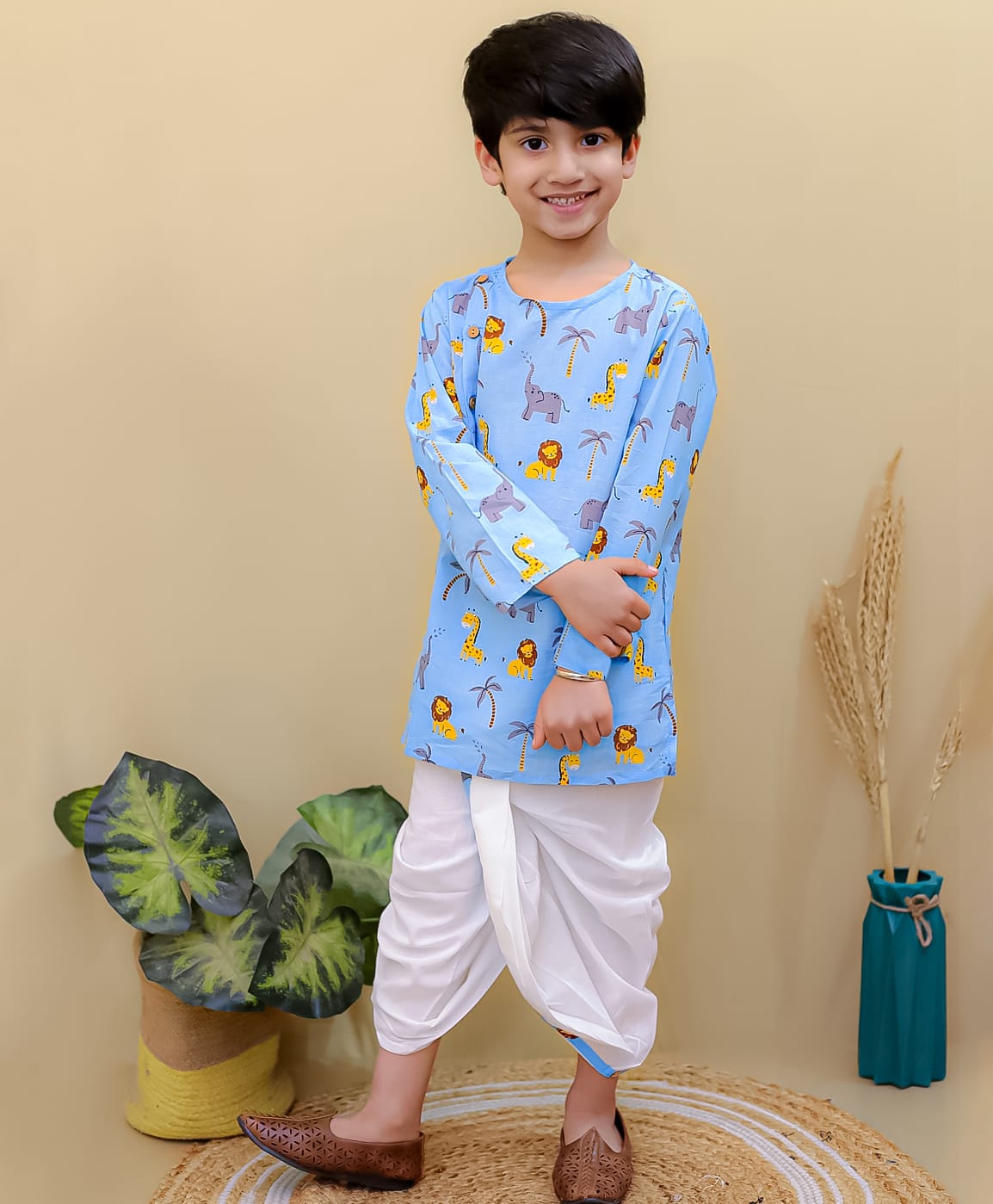 Superminis Cotton Woven Full Sleeves Animals Print Side Open Dhoti Kurta Set - White & Sky Blue-image-35
