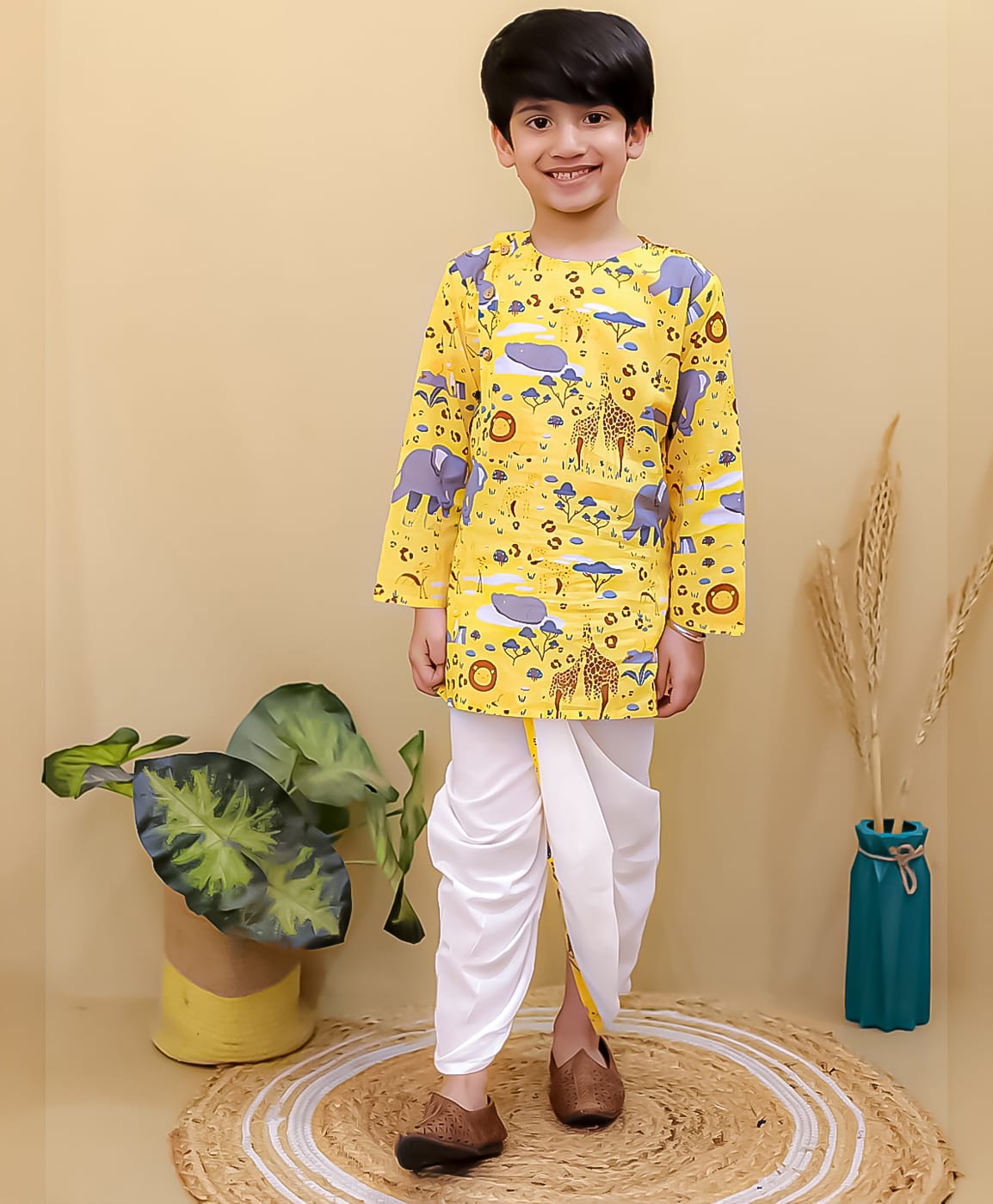Superminis Cotton Woven Full Sleeves Animal Print Side Open Dhoti Kurta Set - White & Yellow-picture-41