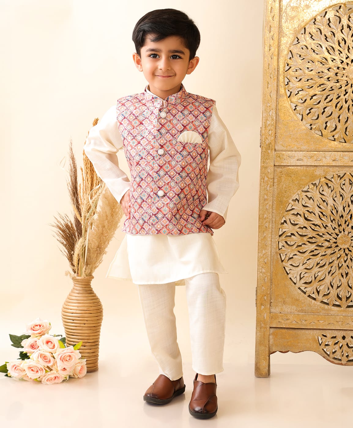 Superminis Cotton Woven Full Sleeves Kurta Pyjama with Embroidery Jacket Ethnic Wear Set - Cream-image-1