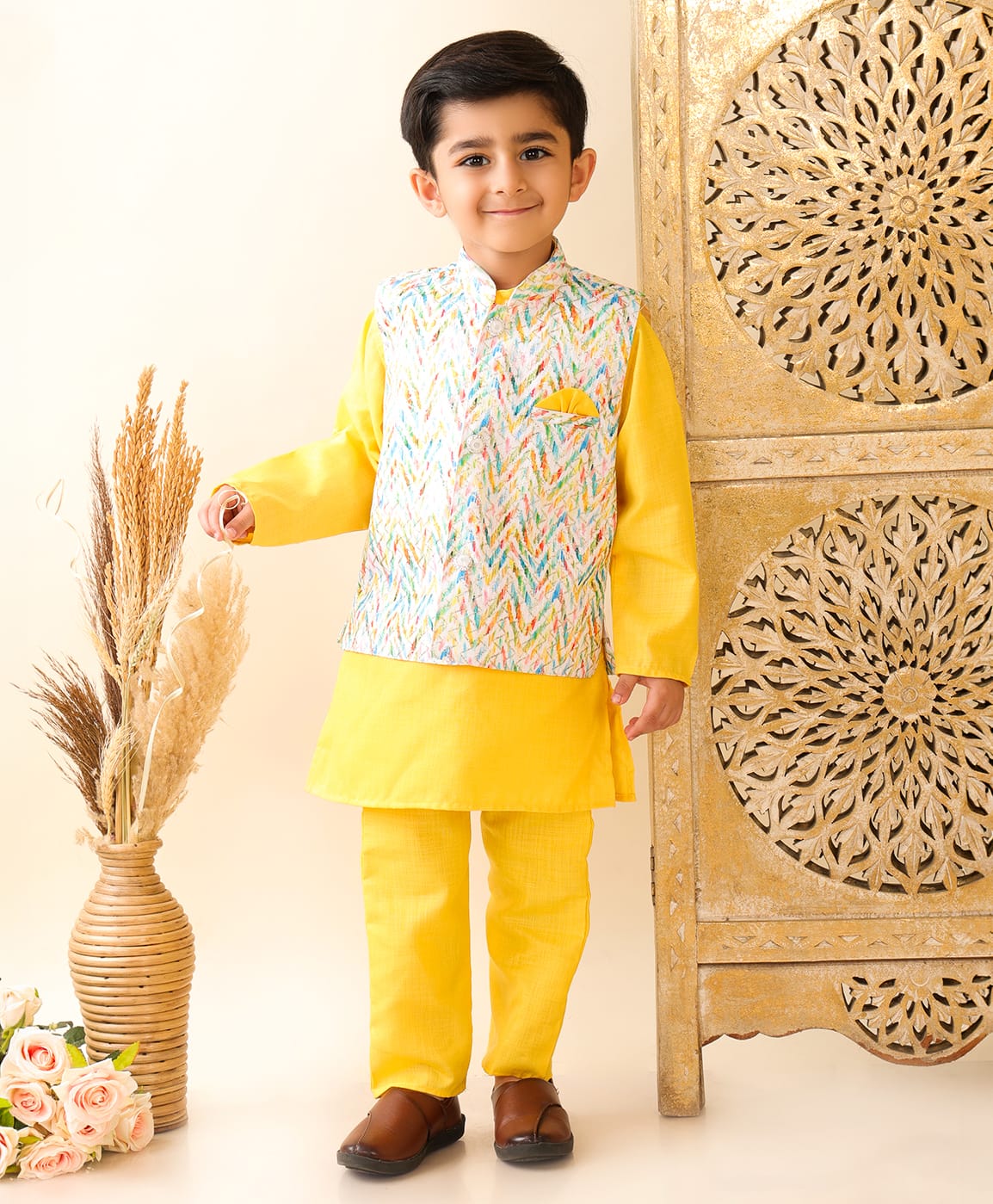 Superminis Cotton Woven Full Sleeves Kurta Pyjama with Chevron Embroidery Jacket - Yellow-picture-45