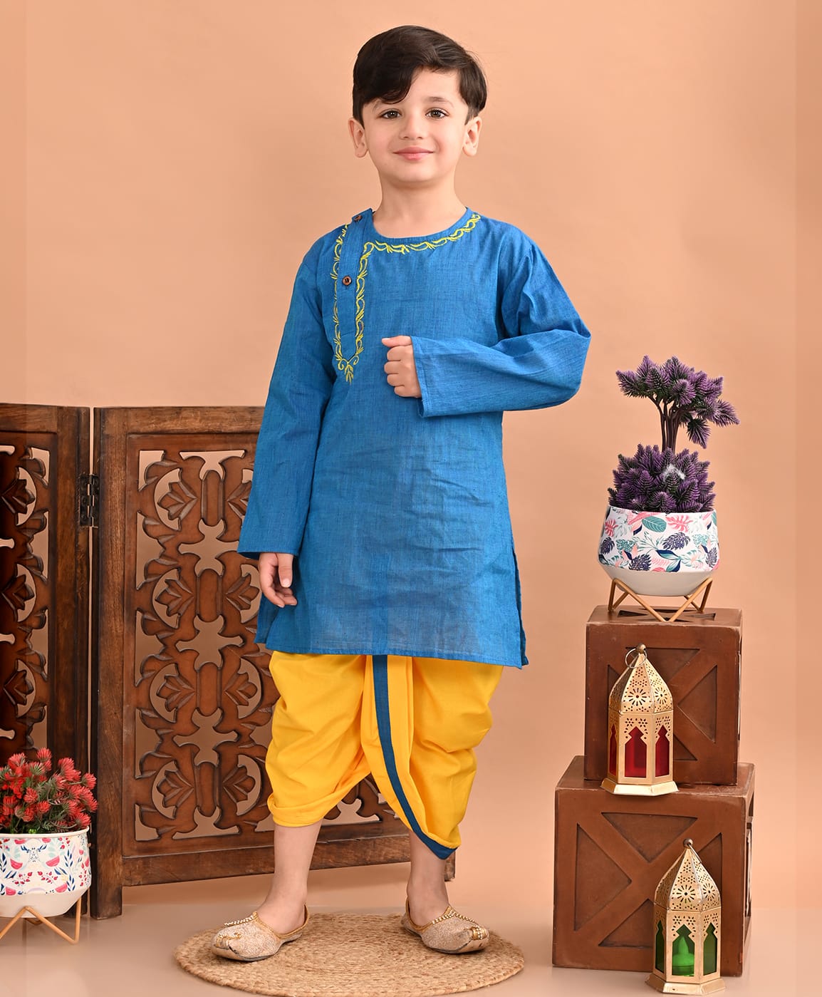 Superminis Cotton Woven Full Sleeves Abstract Embroidered Kurta with Dhoti - Blue-picture-27