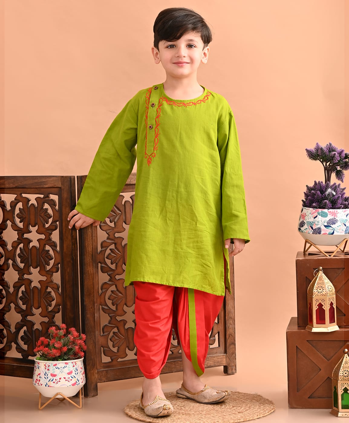 Superminis Cotton Woven Full Sleeves Abstract Embroidered Kurta with Dhoti - Olive Green-picture-23