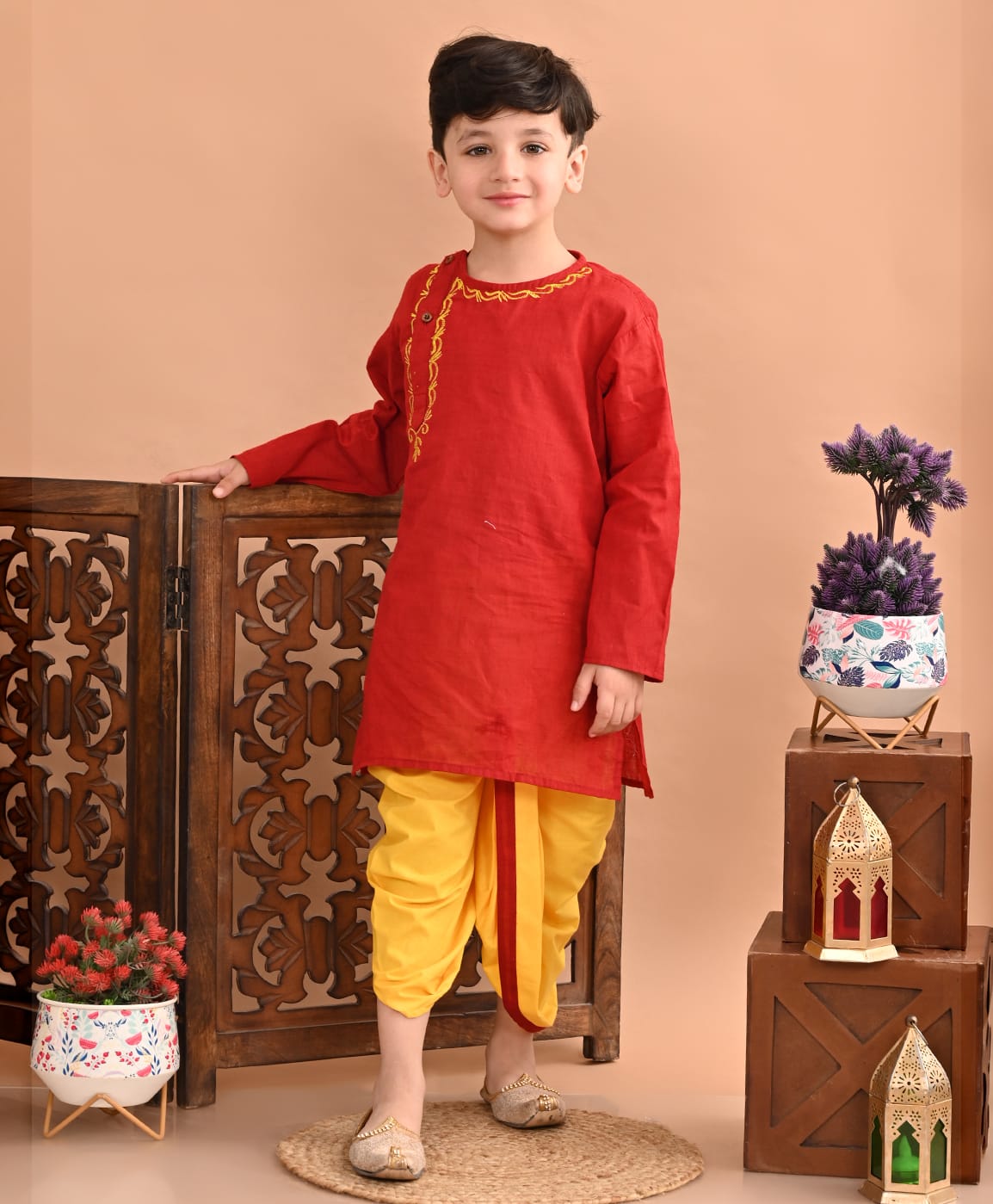 Superminis Cotton Woven Full Sleeves Abstract Embroidered Kurta with Dhoti - Maroon-picture-34