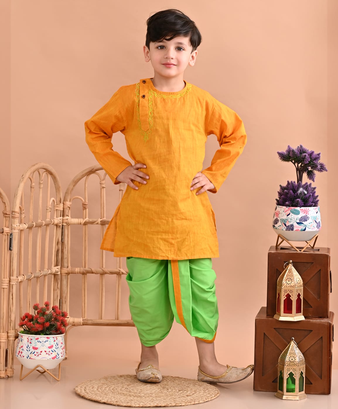 Superminis Cotton Woven Full Sleeves Abstract Embroidered Kurta with Dhoti - Mustard-picture-28
