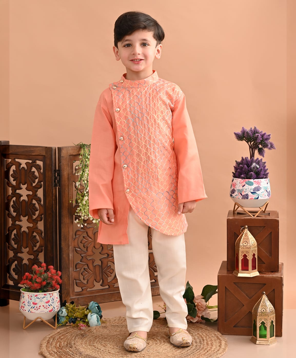 Superminis Cotton Woven Full Sleeves Self Designed Embroidered Kurta & Pyjama Set - Peach-picture-15