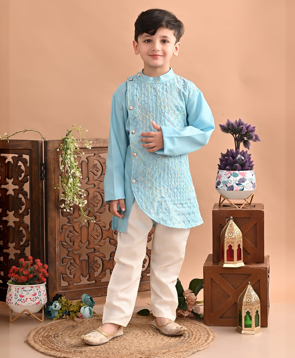 Superminis Cotton Woven Full Sleeves Self Designed Embroidered Kurta & Pyjama Set - Light Blue-picture-2