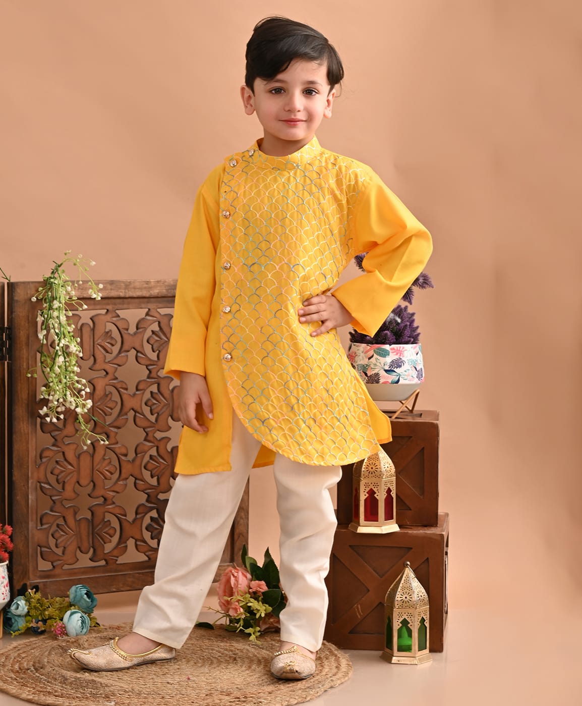 Superminis Cotton Woven Full Sleeves Self Designed Embroidered Kurta & Pyjama Set - Yellow-picture-32
