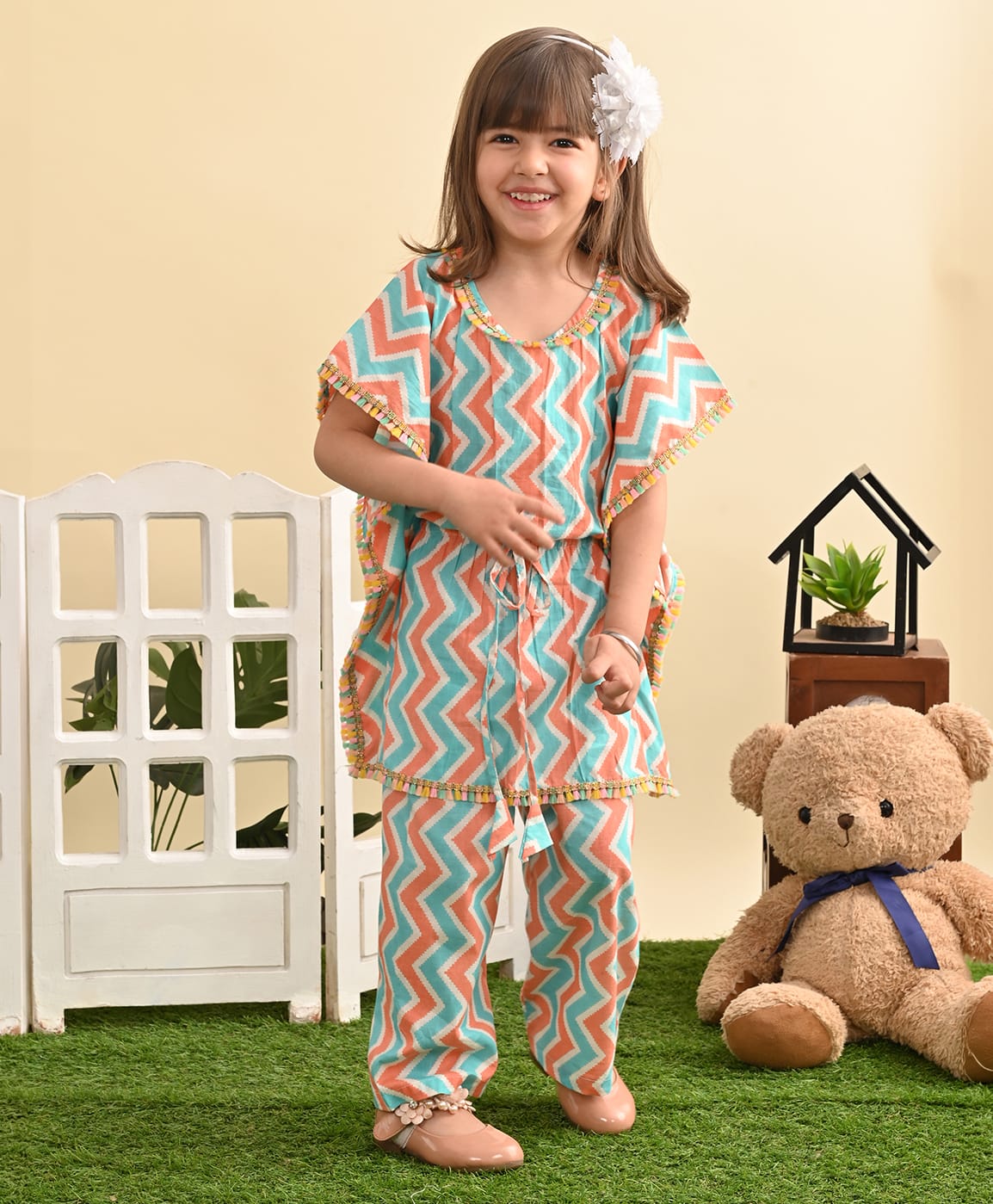 Superminis Pure Cotton Woven Half Batwing Sleeves Zig Zag Printed Coordinating Kaftaan & Trouser Set - Sky Blue-image-26