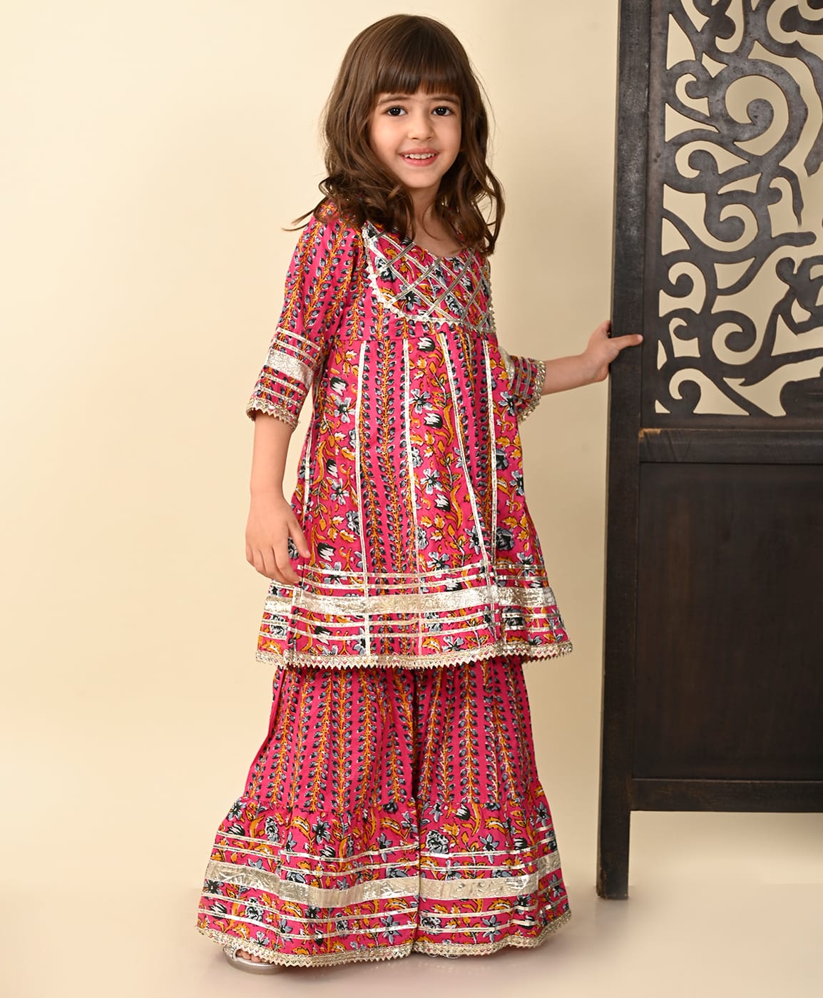 Superminis Cotton Woven Three Fourth Sleeves Floral Printed With Gota Lace Detailed Kurti Sharara Set - Dark Pink-picture-45