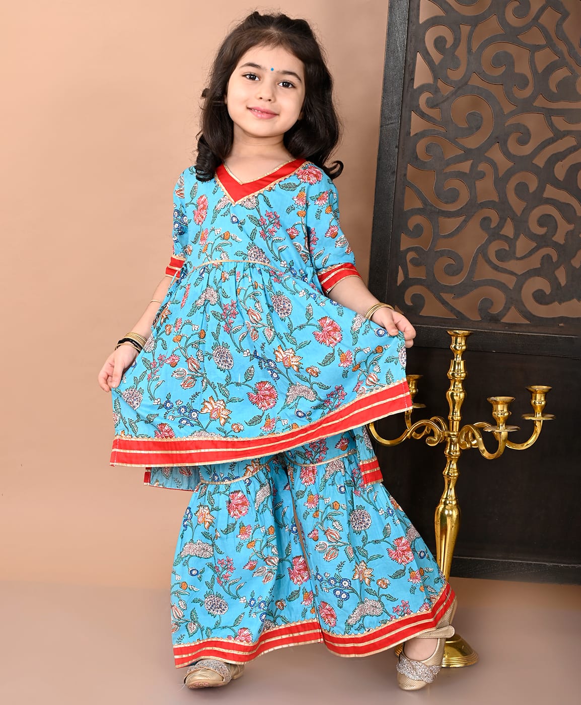 Superminis Cotton Woven Half Sleeves Lace Embellished Floral Printed Co-Ords Kurta With Gharara Set - Light Blue-picture-31