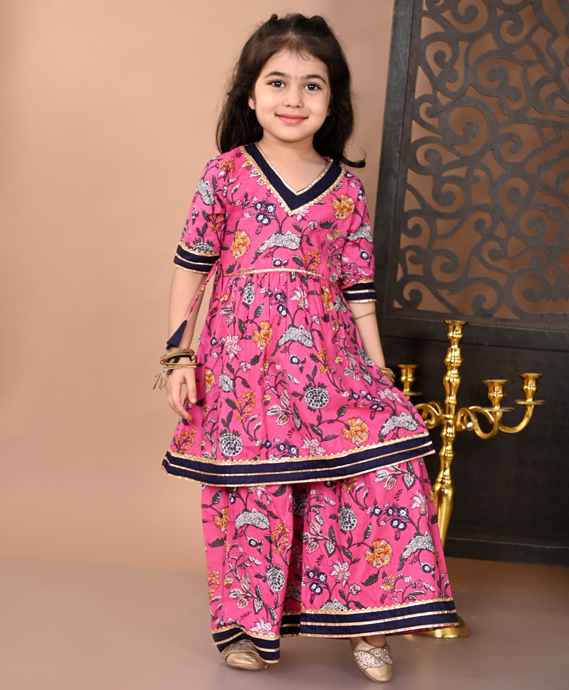 Superminis Cotton Woven Half Sleeves Lace Embellished Floral Printed Kurta With Coordinating Sharara Set - Pink-picture-38