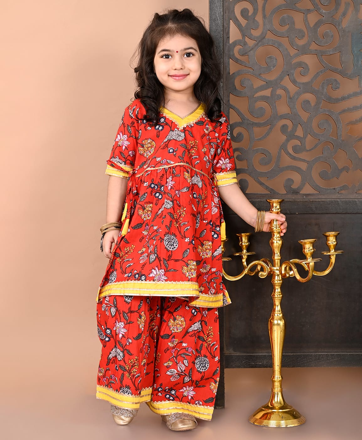 Superminis Cotton Woven Half Sleeves Lace Embellished Floral Printed Kurta With Coordinating Sharara Set - Red-image-13
