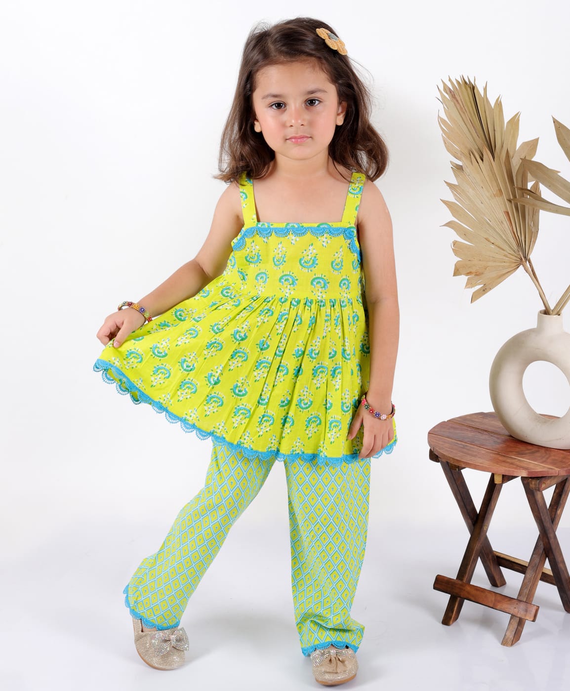 Superminis Cotton Sleeveless Jaipuri Flower Motif Printed & Gota Lace Embellished Kurta & Salwar Set - Green-picture-46