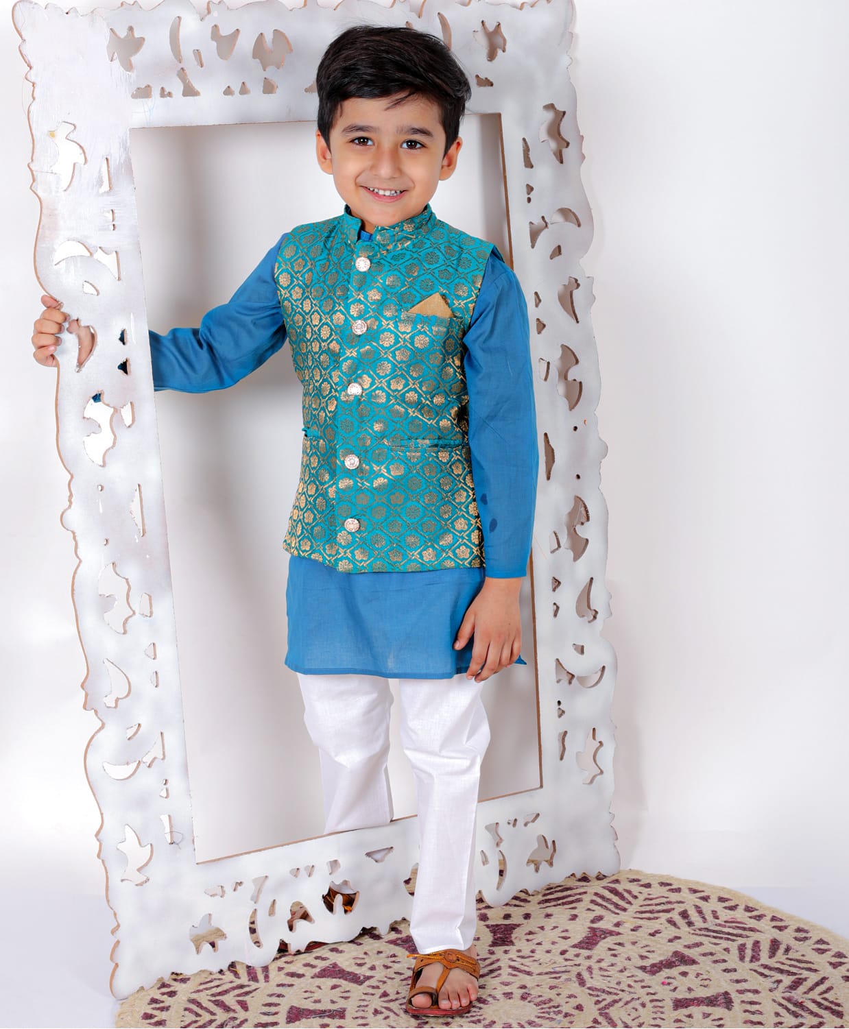 Superminis Cotton Woven Full Sleeves Solid Kurta Pyjama With Dupion Silk Foil Floral Block Motif Designed Jacket - Blue-picture-25