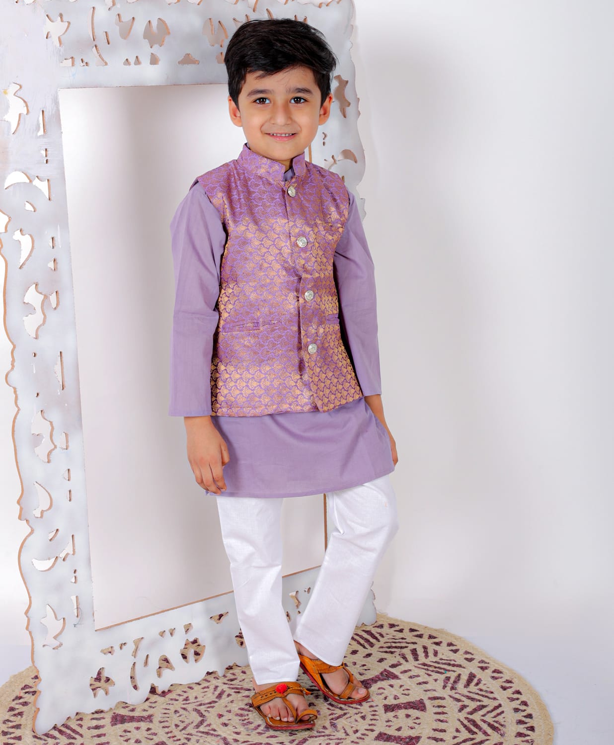 Superminis Cotton Woven Full Sleeves Solid Kurta Pyjama With Dupion Silk Seamless Scallop Styles Ethnic Motif Designed Jacket - Purple-picture-13
