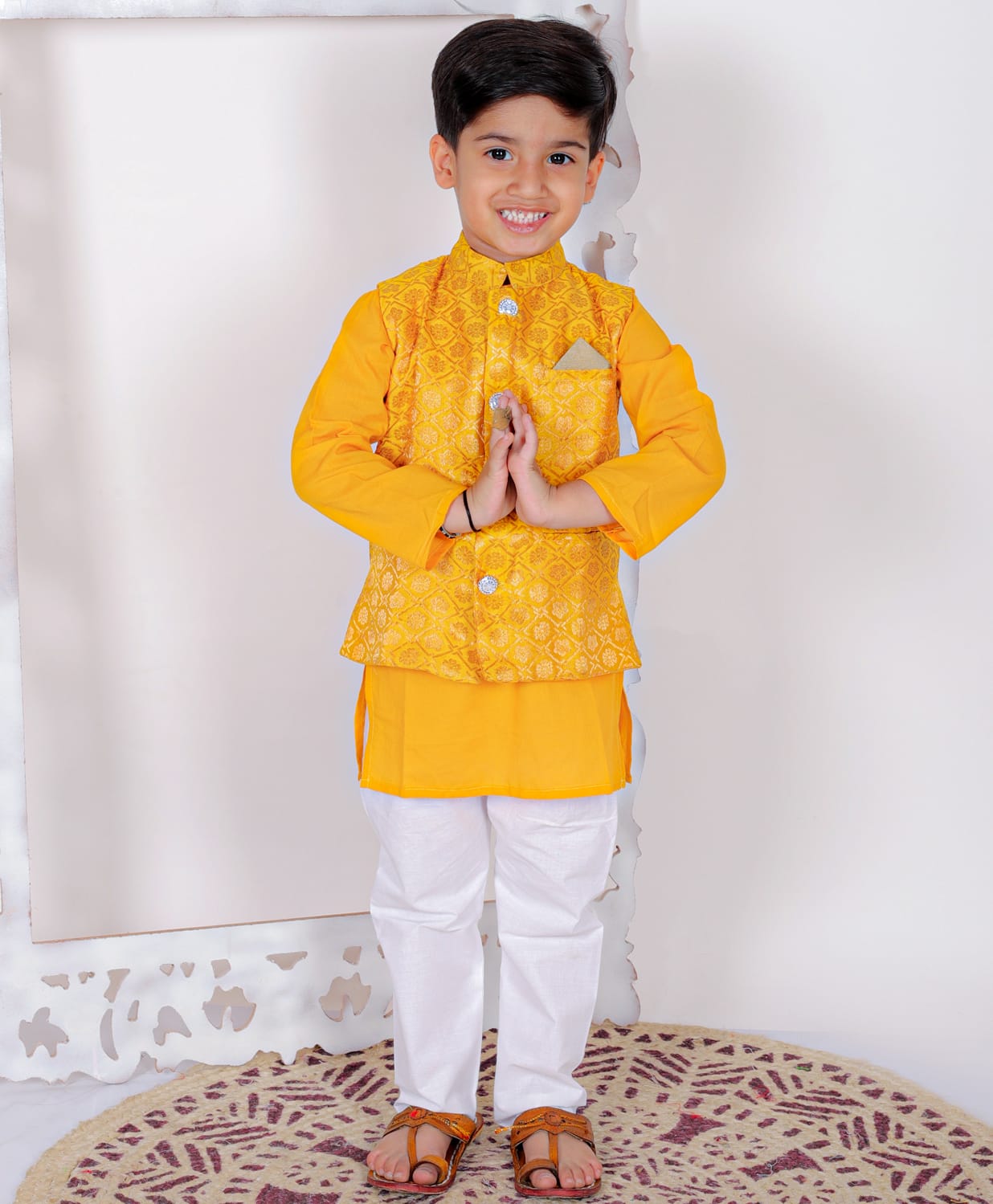 Superminis Cotton Woven Full Sleeves Solid Kurta Pyjama With Dupion Silk Foil Floral Block Motif Designed Jacket - Yellow-picture-27