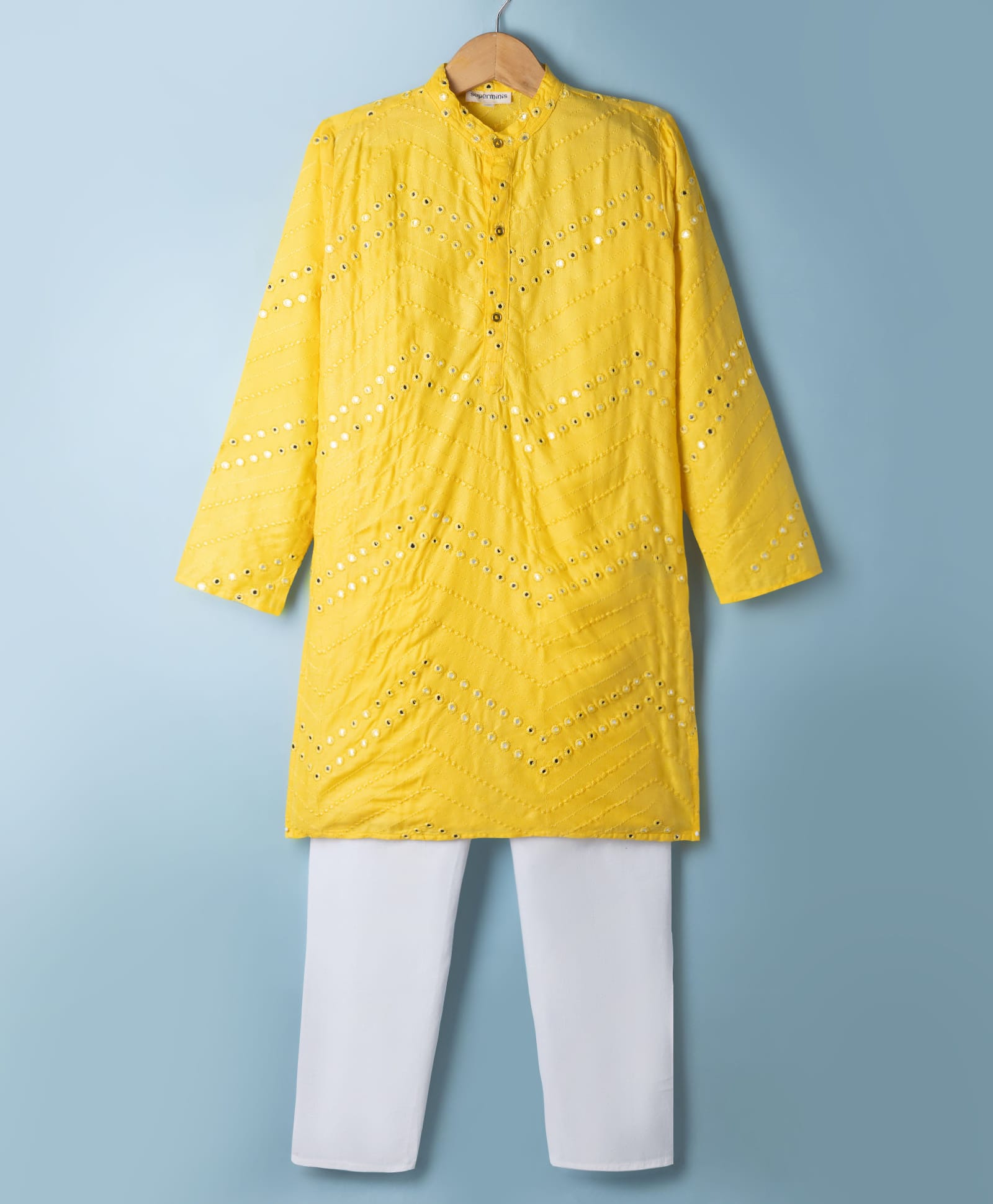 Superminis Rayon Woven Full Sleeves Chevron Designed Thread Work Embroidered & Mirror Wok Embellished Kurta & Pyjama Set - Yellow-picture-20