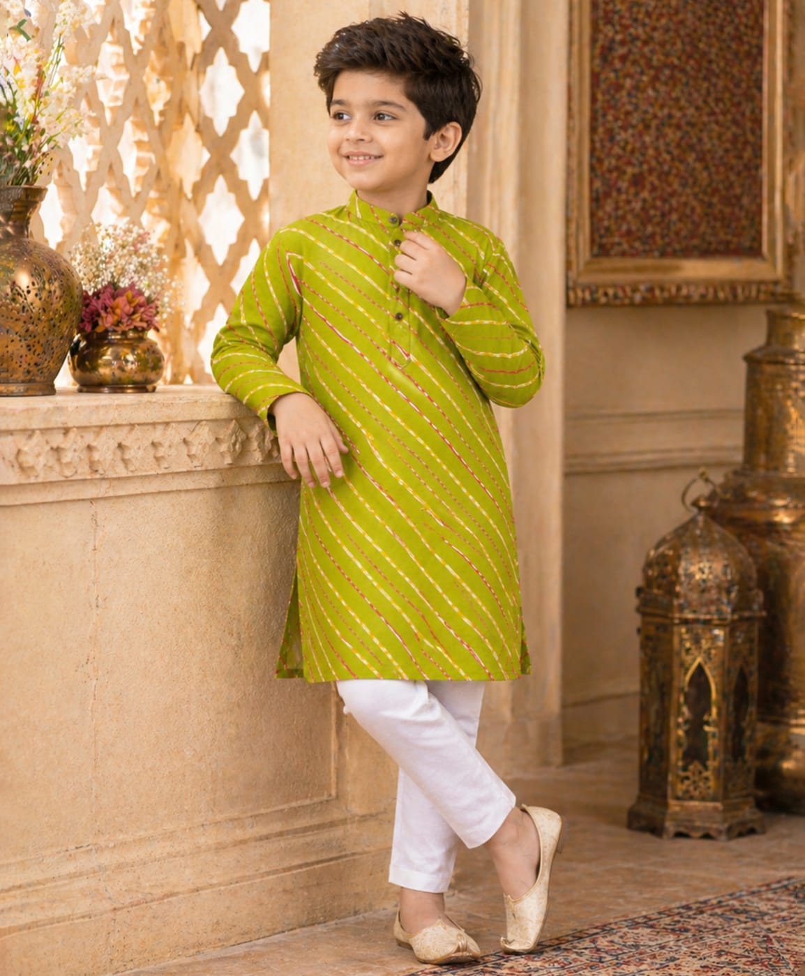 Superminis Cotton Woven Full Sleeves Leheriya Printed Kurta With Pyjama Set - Green-picture-16