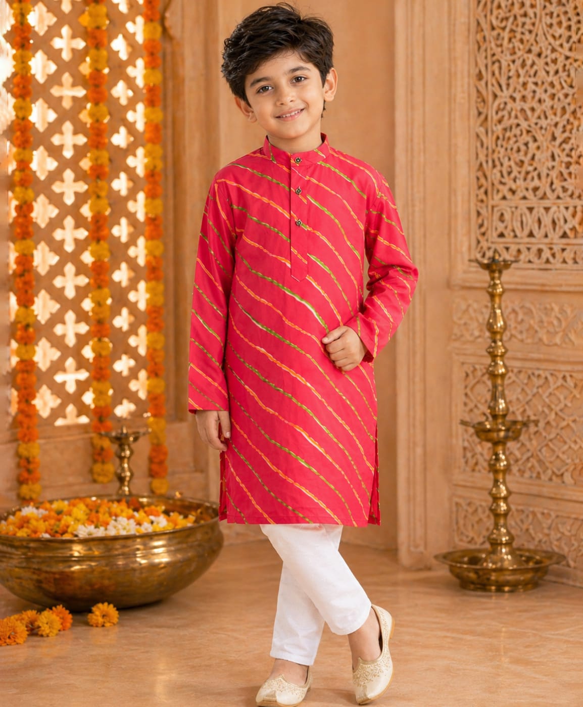 Superminis Cotton Woven Full Sleeves Leheriya Printed Kurta With Pyjama Set - Red-picture-18