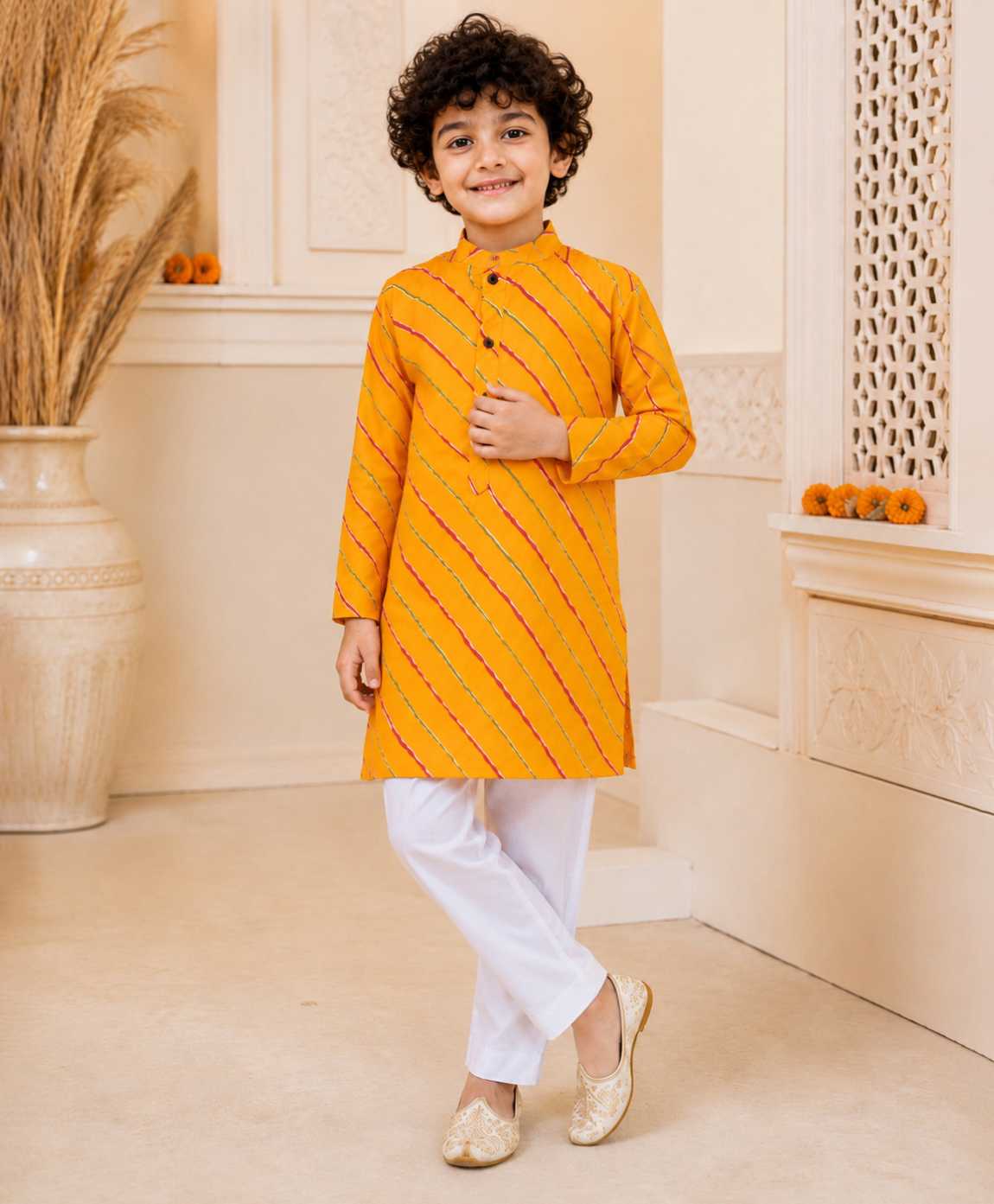 Superminis Cotton Woven Full Sleeves Leheriya Printed Kurta With Pyjama Set - Yellow-picture-16