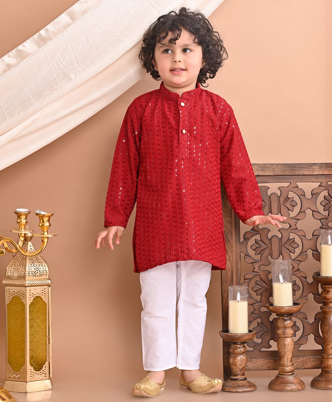 Superminis Rayon Woven Full Sleeves Sequin Kurta Pyjama Set - Maroon-picture-3