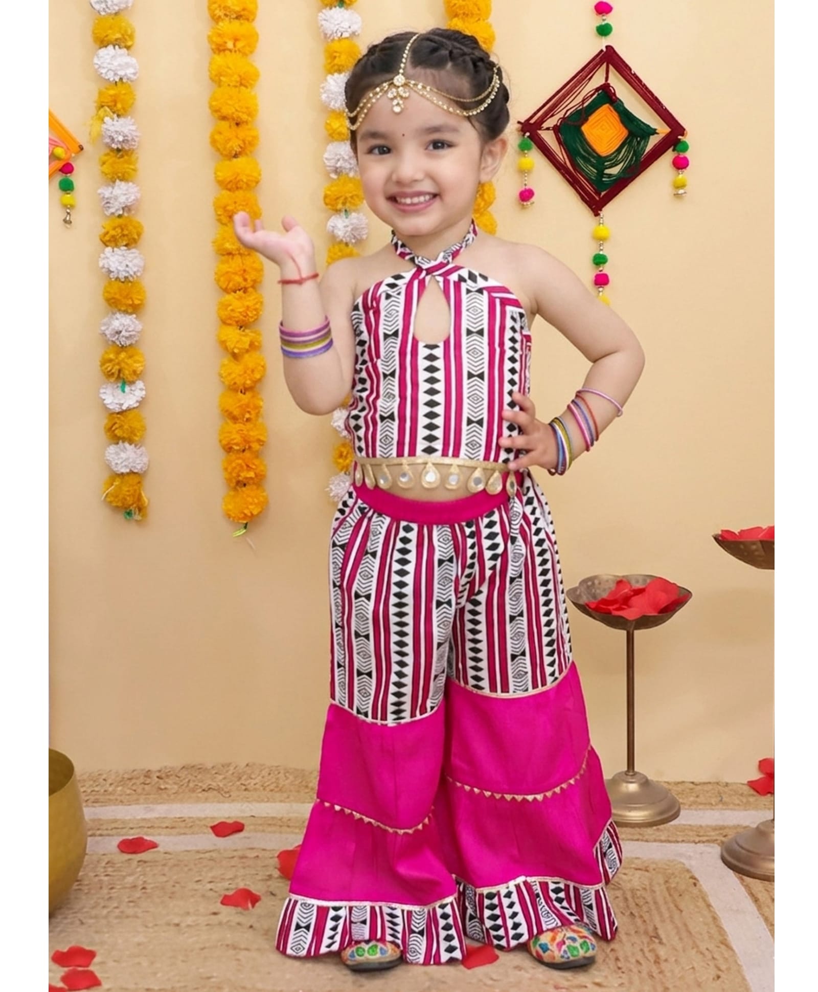Titrit Cotton Woven Sleevless Striped & Geometric Printed Coordinating Kurti Sharara Set - Pink-picture-39