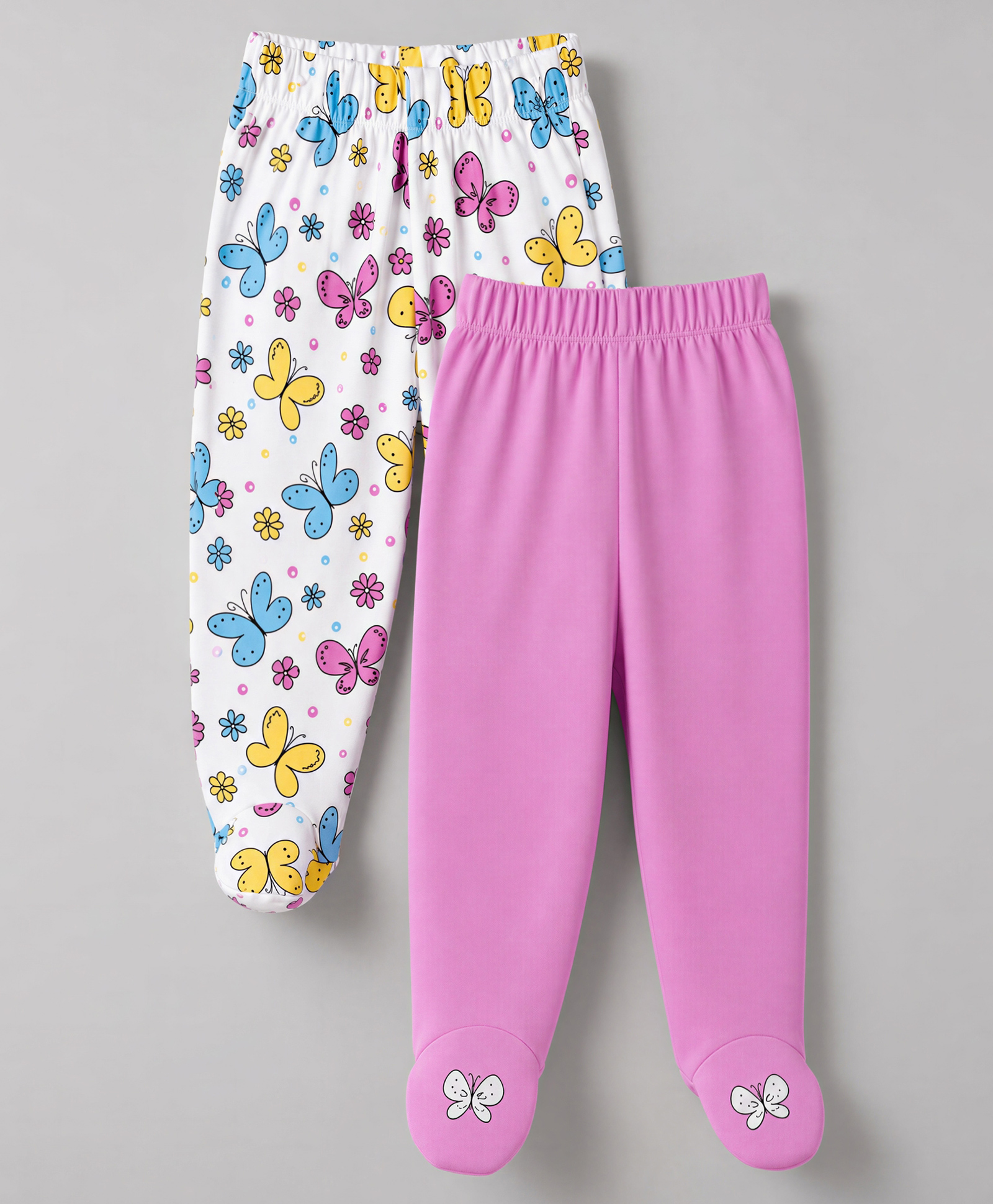 Doodle Poodle 100% Cotton Knit Full Length Butterfly & Floral Printed Booties Leggings Pack Of 2 - White & Pink-picture-29