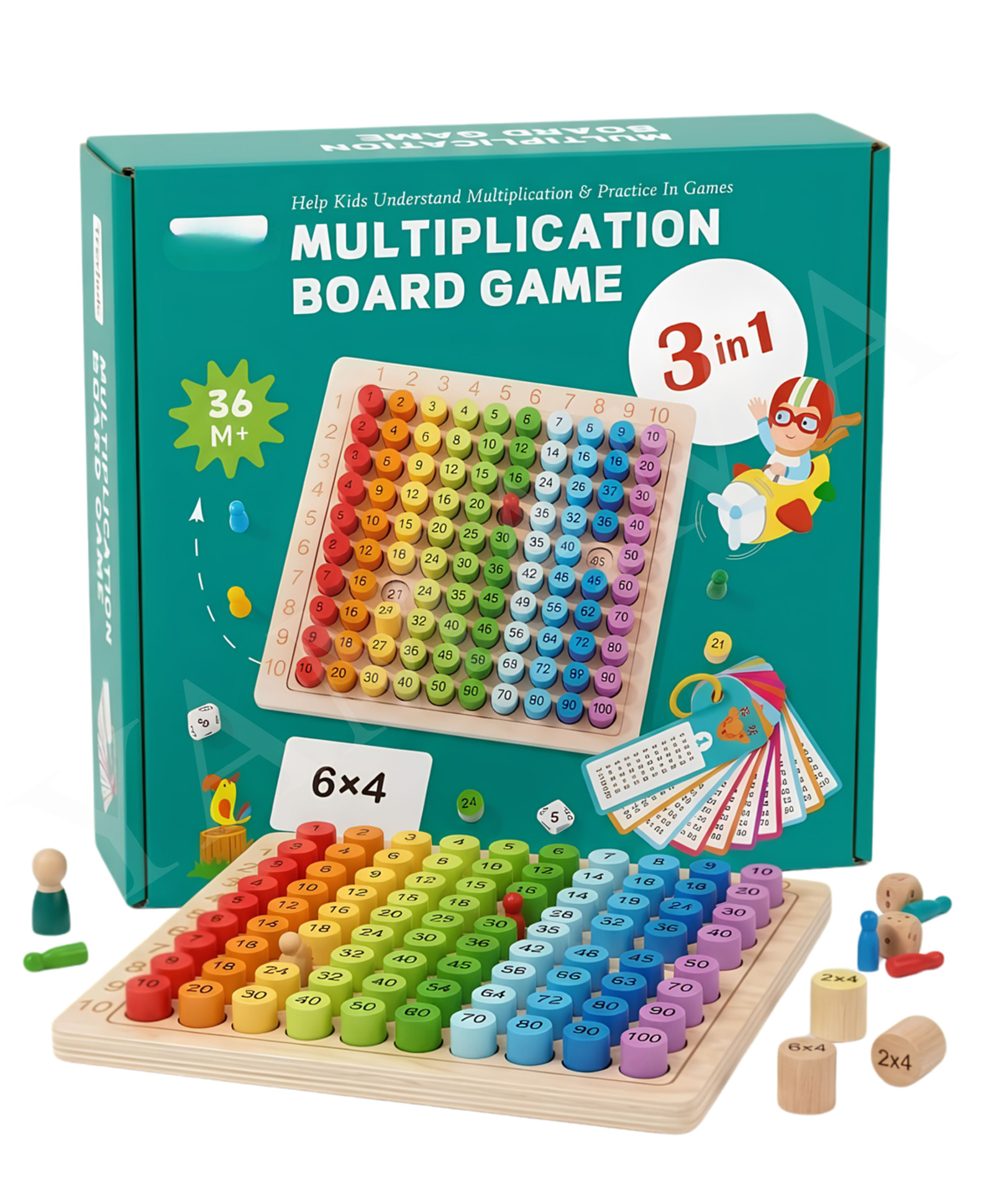 YAMAMA Wooden 3-in-1 Multiplication and Addition Board Game Toys for Kids, Educational Math Puzzle with Flashcards And Table Recites Learning Toys, Interactive Fun Educational Kids Toys - Multicolor-picture-17