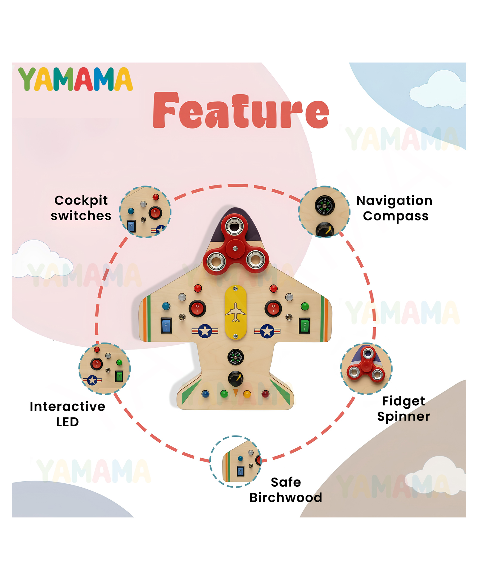 YAMAMA Wooden Airplane Busy Board with LED Light Switches & Fidget Spinner Toy, Interactive Early Learning Educational Kids Toys, Montessori Busy Board Sensory Educational Toys for Kids - Multicolor-image-33