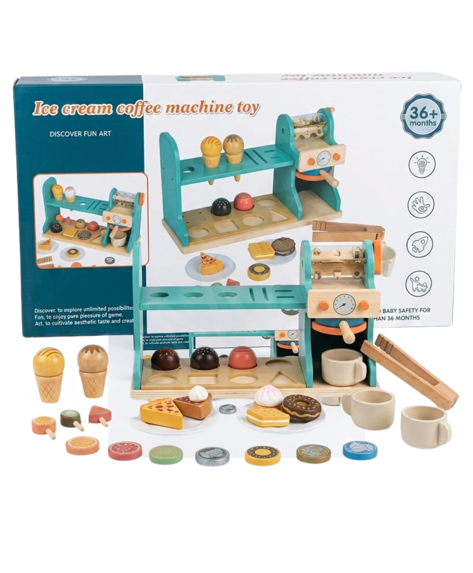 YAMAMA 2-in-1 Wooden Ice Cream & Coffee Machine Toys for Kids, Interactive Early Learning Educational Kids Toys, Montessori Busy Board Sensory Educational Role Play Toys for Kids - Multicolor-image-37