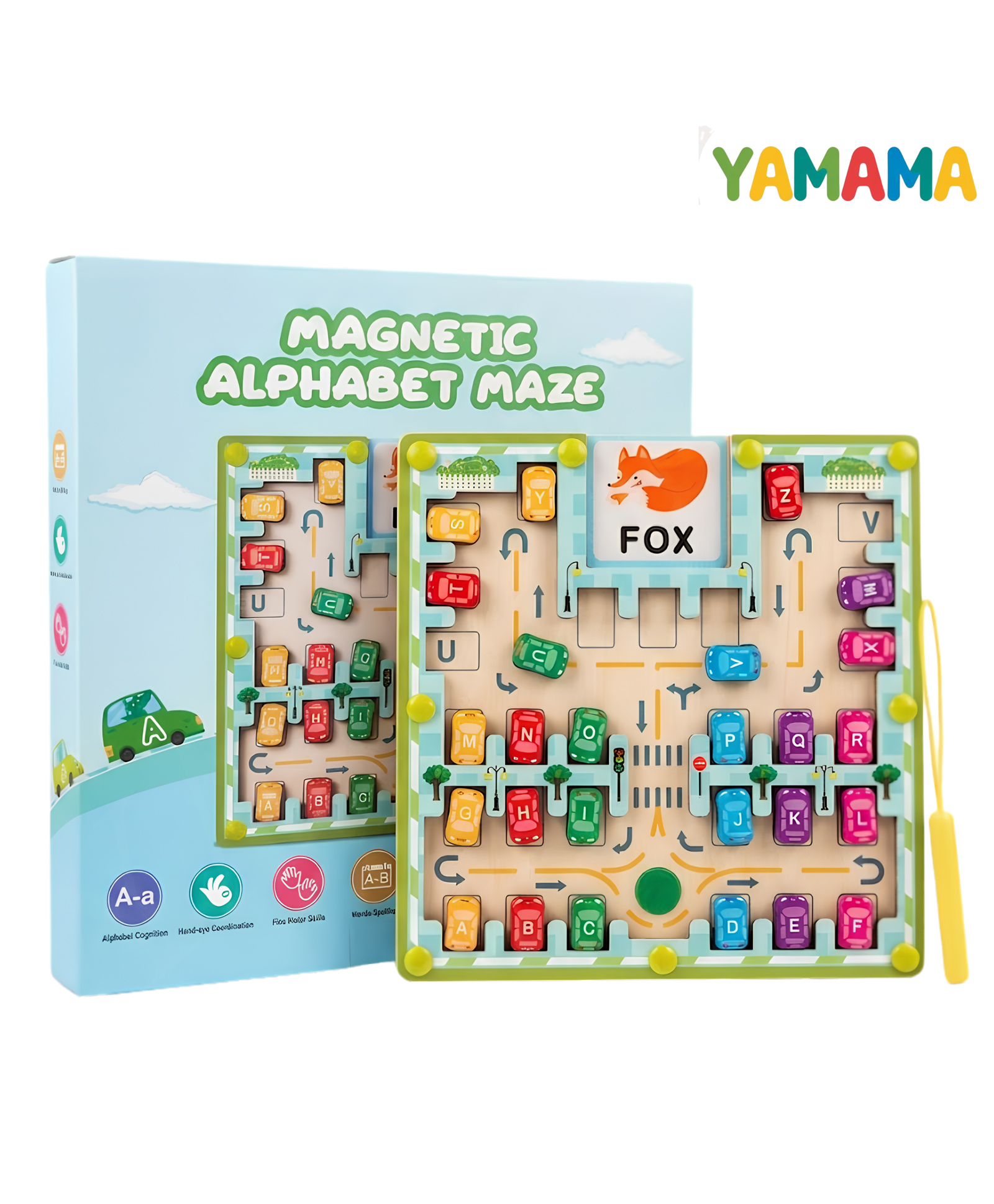YAMAMA Magnetic Alphabet Car Parking Maze Game Toys for Kids, Interactive Early Learning Educational Kids Toys, Wooden Montessori Busy Board Sensory Educational Toys for Kids - Multicolor-image-23