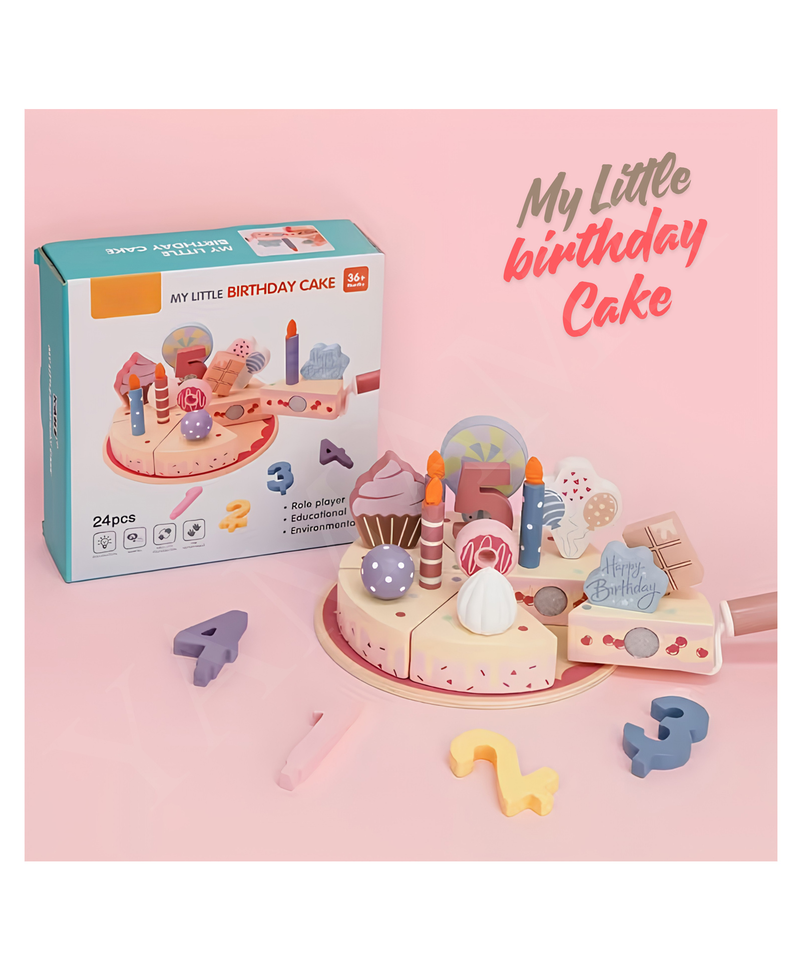 YAMAMA Wooden Birthday Cake Cutting Set Toys for Kids, Interactive Early Learning Educational Kids Toys, Montessori Sensory Educational Role Play Toys for Kids - Multicolor-image-10