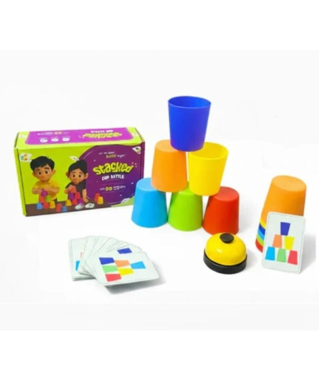 Awestuffs Stacking Cups Game for Kids 12 Stacking Cups + 50 Pattern Cards + Bell | Fun Family Party Game-image-39