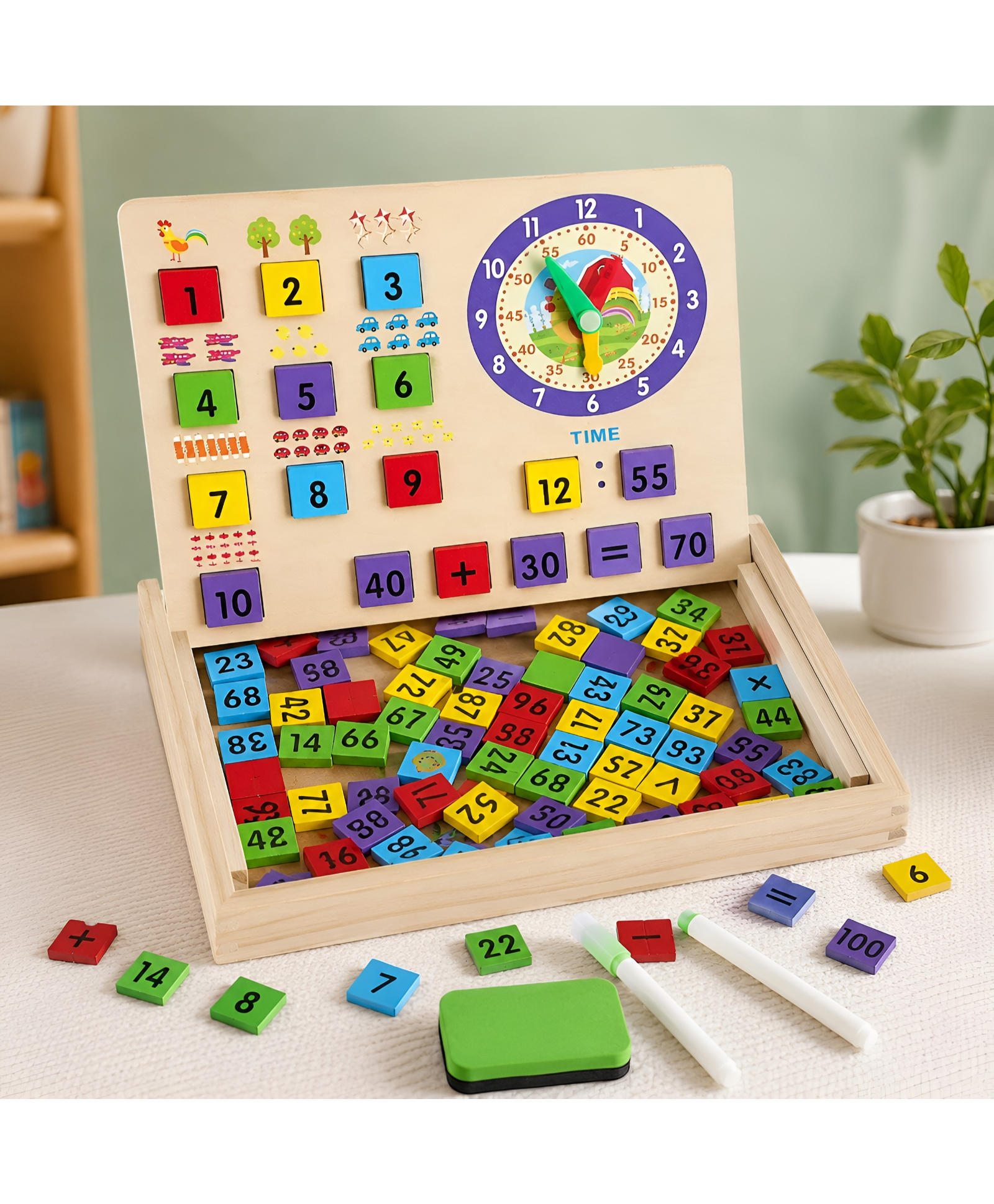 NEGOCIO Calculation and Time Game Computing Learning Operation Learning Box Wooden Double Sided For Early Education - PACK OF 1 - COLOR MAY VARY-image-28