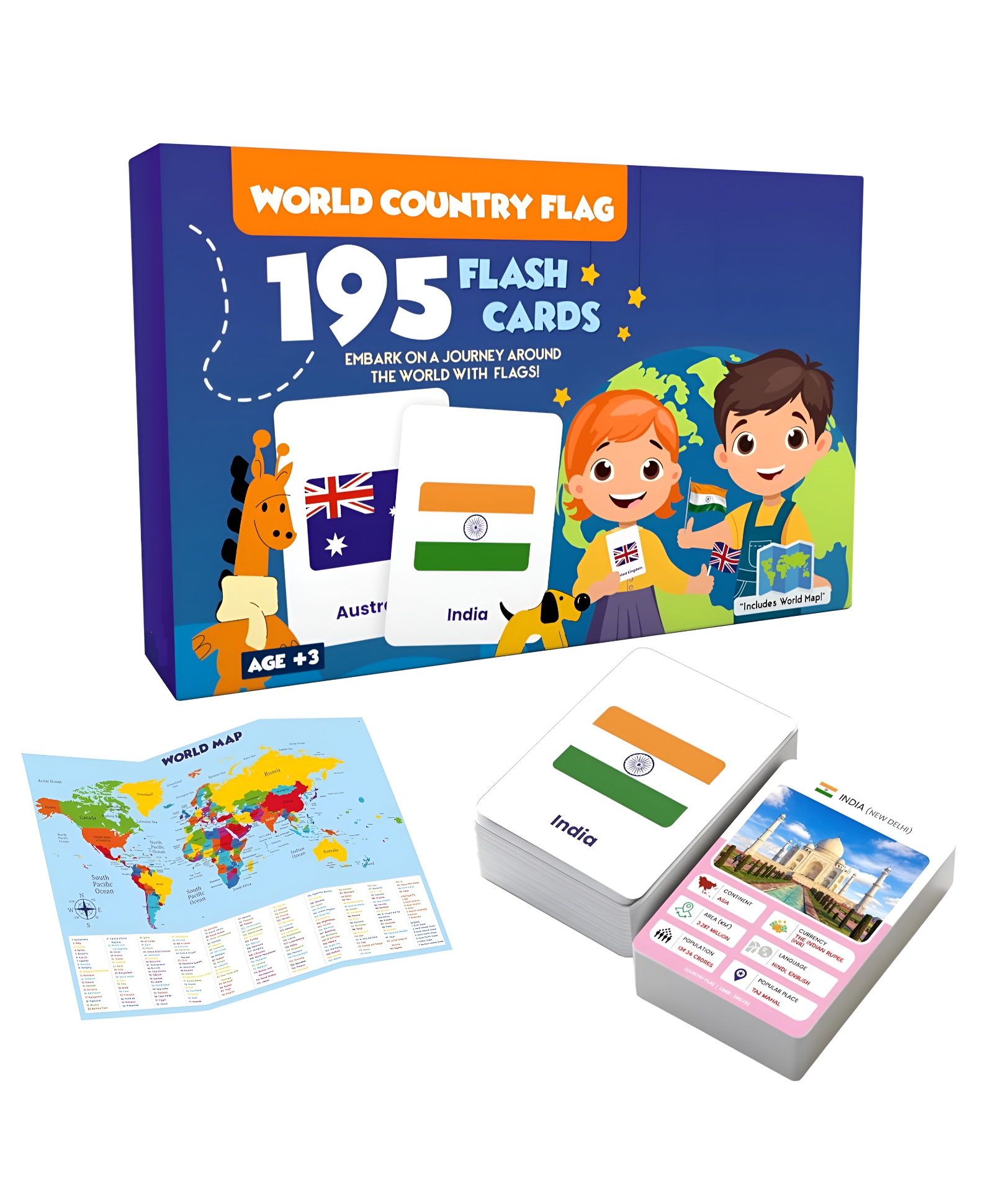 NEGOCIO 195 Country Flag Flash Cards - World Flags Learning Set for Kids | Geography & Culture Study | Double-Sided, Perfect for Small Hands - PACK OF 1 - COLOR MAY VARY-image-19