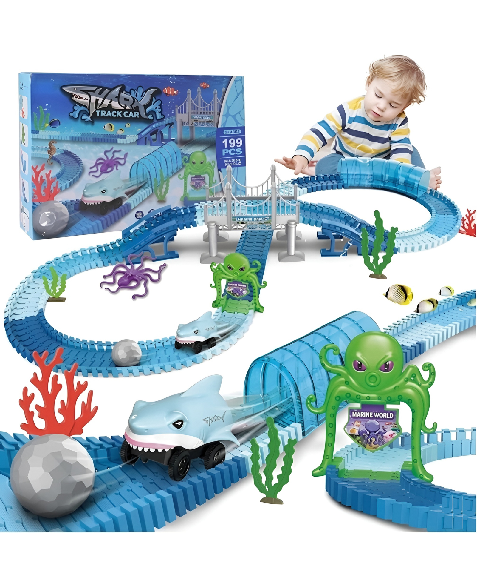 NEGOCIO Flexible Racetrack Shark Toy Car - 199 Pcs Race Track Car with Shark & Ball for Baby Toddler Kid Boy Girl Ocean Theme Train Toy - PACK OF 1 - COLOR MAY VARY-image-32