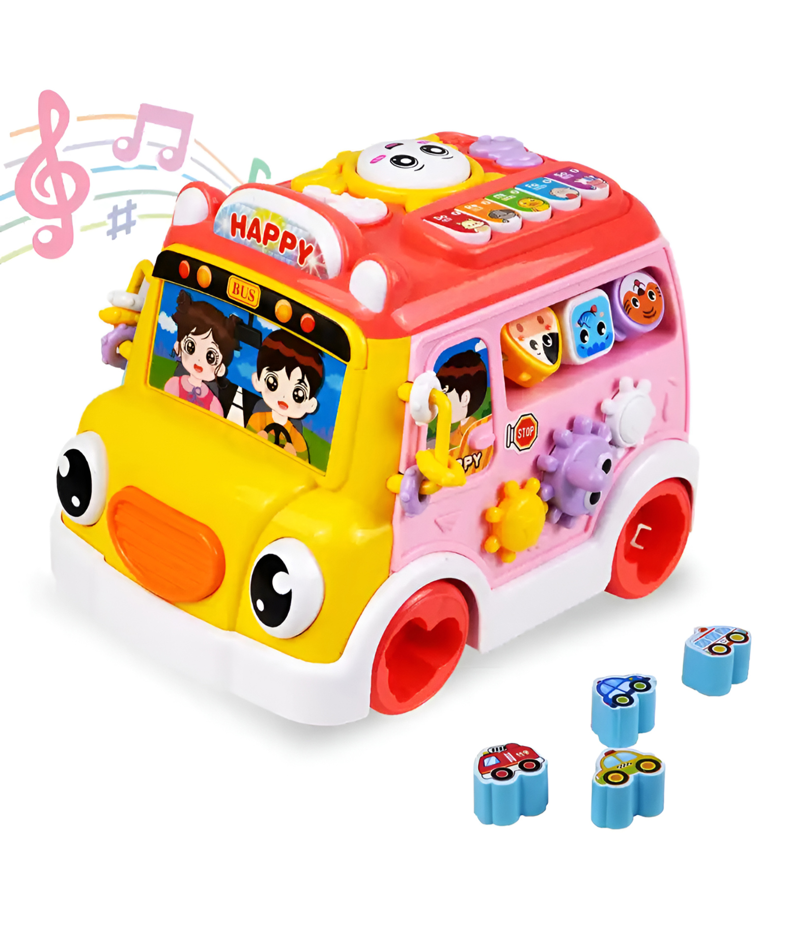 NEGOCIO 3-in-1 Musical Activity Bus Toy with Shape Sorter | Lights & Montessori Educational Toy for kids- PACK OF 1- COLOR MAY VARY-image-4
