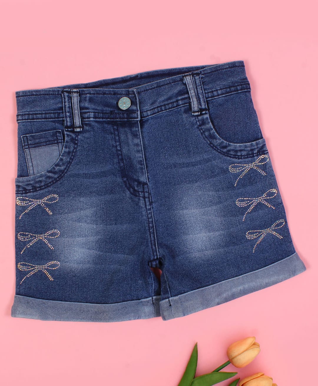 Cutecumber Denim Bow Designed Stone Embellished Washed Shorts - Blue-picture-14