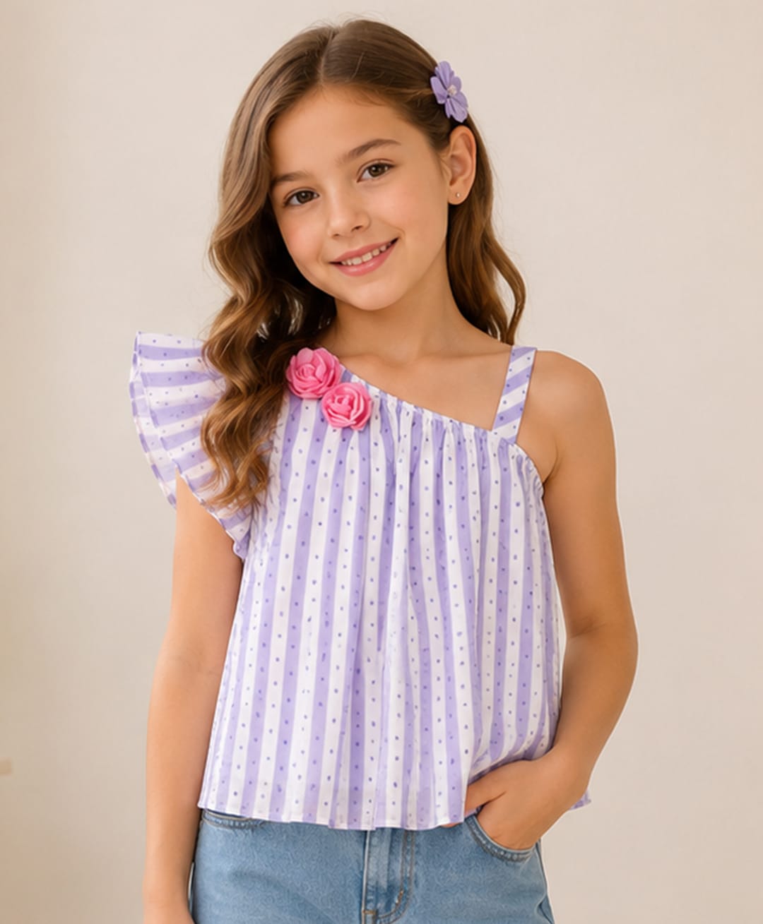 Cutecumber Woven Flutter Sleeves Floral Applique Detailed Striped Top - Purple-picture-19
