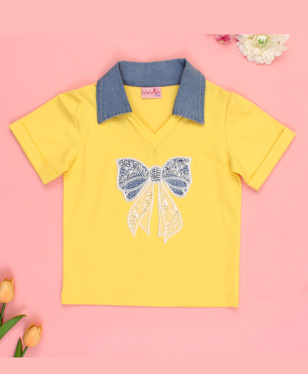 Cutecumber Cotton Knit Half Sleeves Bow Embroidered Sequins & Beads Embellished Top - Yellow-image-41