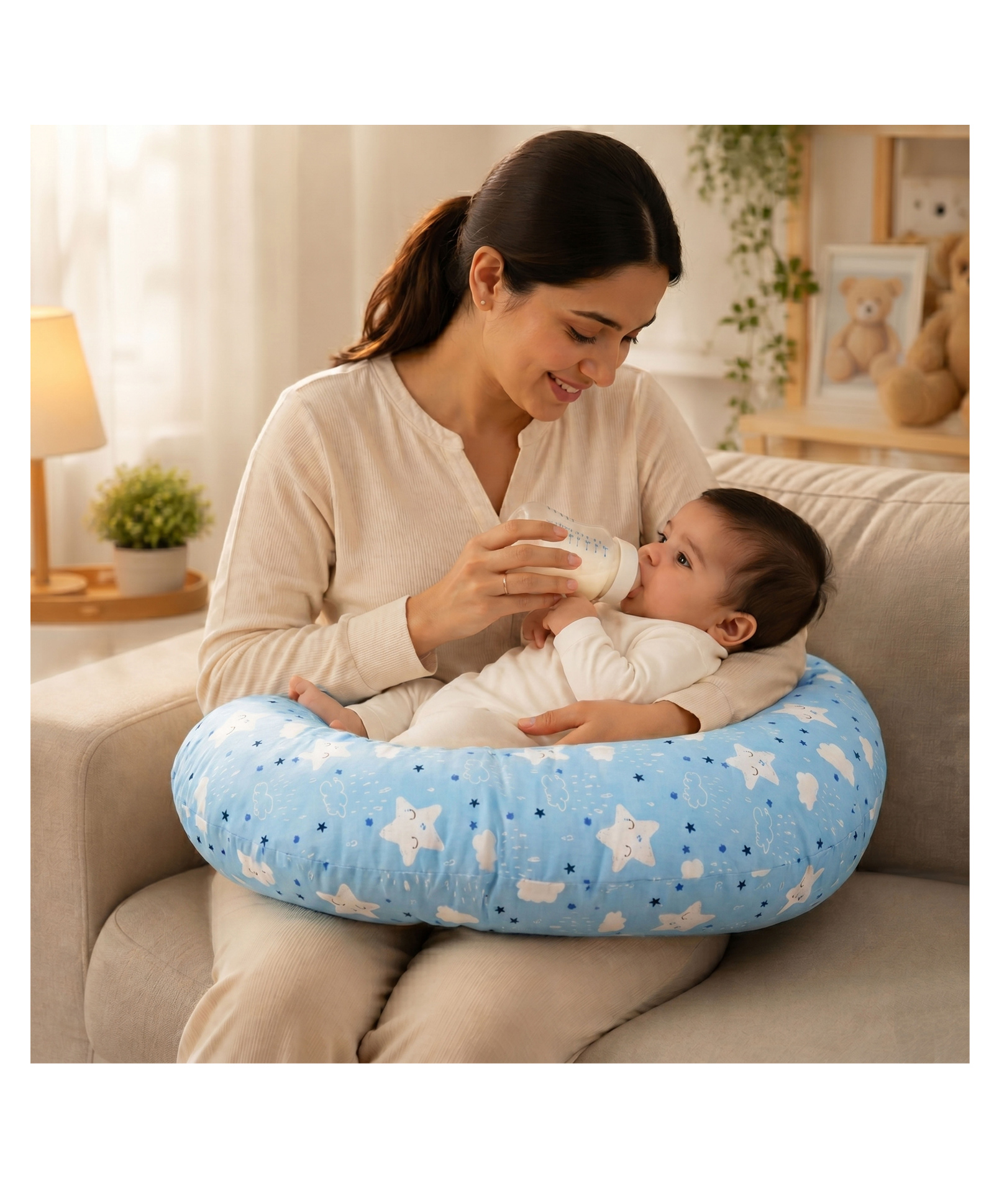 Fareto Baby Feeding Pillow with Detachable Cover Breast Feeding - Cloud Blue-image-41
