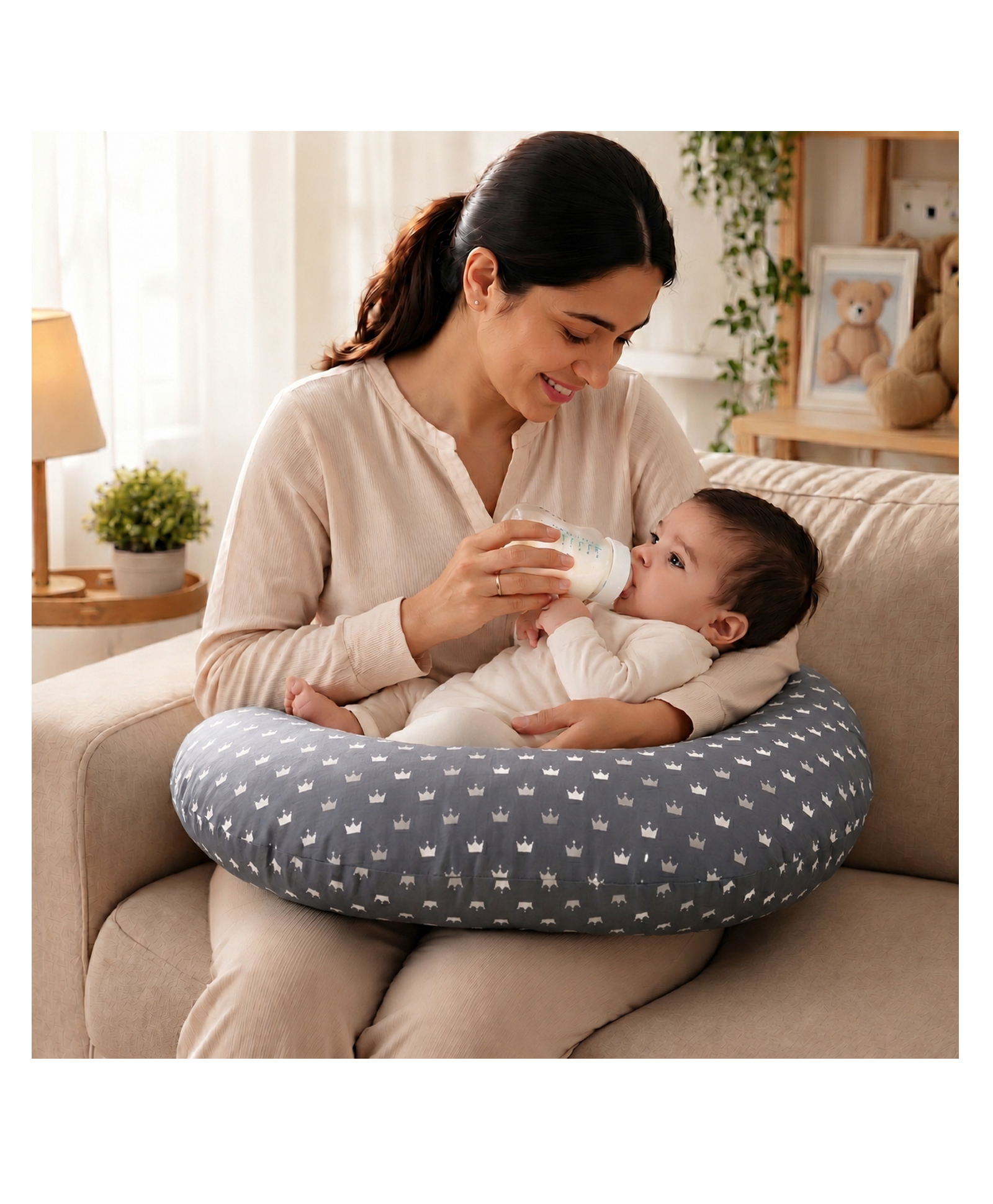 Fareto Baby Feeding Pillow with Detachable Cover Breast Feeding - Crown grey-image-5