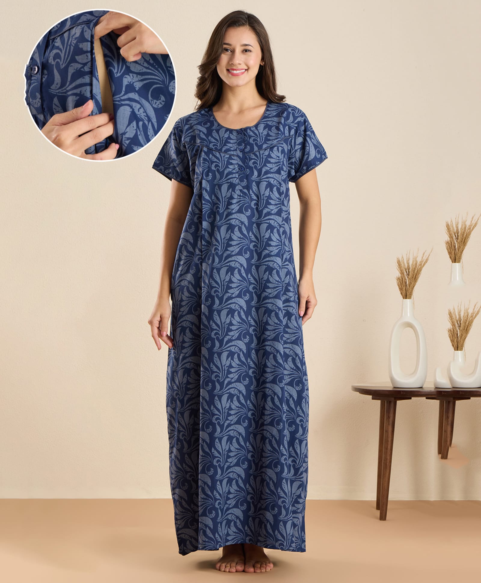 NIGHTSPREE Cotton Blend Woven Half Sleeves Floral Printed Maternity Nighty With Side Zipper Nursing Access - Blue-picture-15