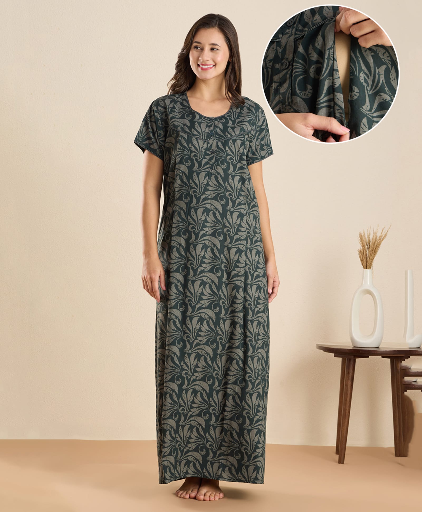 NIGHTSPREE Cotton Blend Woven Half Sleeves Floral Printed Maternity Nighty With Side Zipper Nursing Access - Green-picture-9